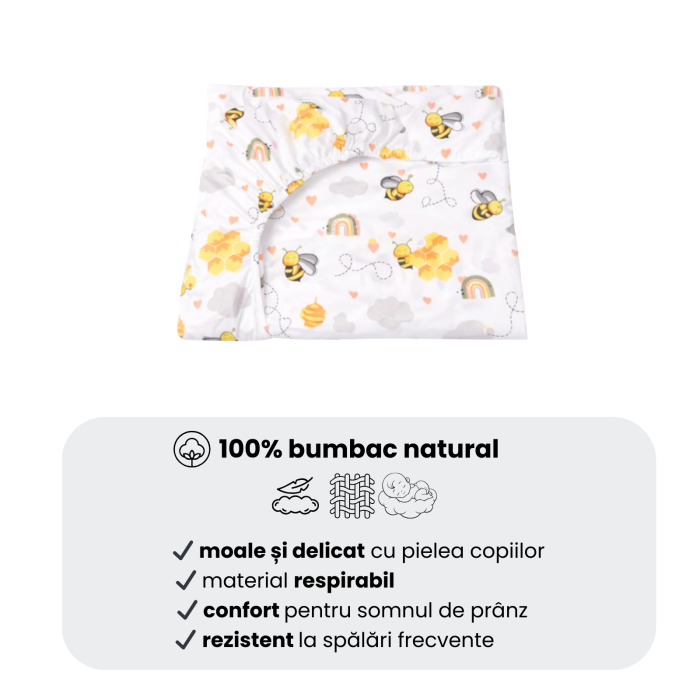 Cearșaf pătuț stivuibil grădiniță sau creșă 133x58 cm, bumbac 100%, model Albinuțe [7]