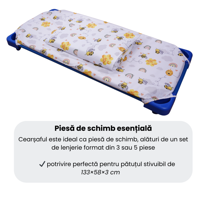 Cearșaf pătuț stivuibil grădiniță sau creșă 133x58 cm, bumbac 100%, model Albinuțe [4]