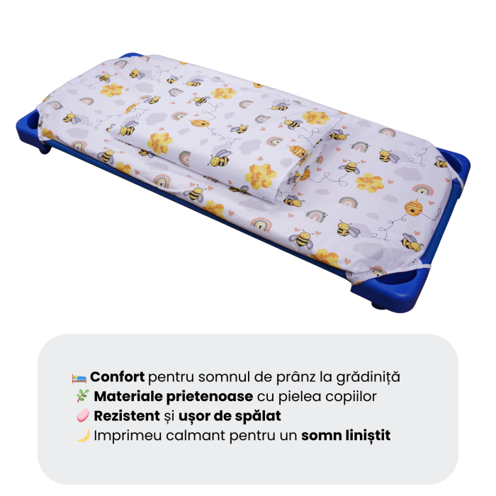 Cearșaf pătuț stivuibil grădiniță sau creșă 133x58 cm, bumbac 100%, model Albinuțe [6]