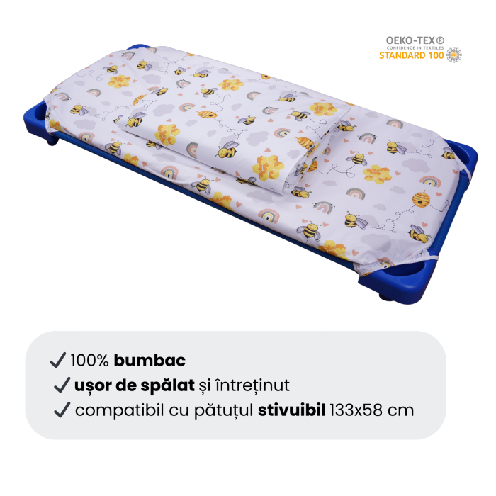 Cearșaf pătuț stivuibil grădiniță sau creșă 133x58 cm, bumbac 100%, model Albinuțe [2]