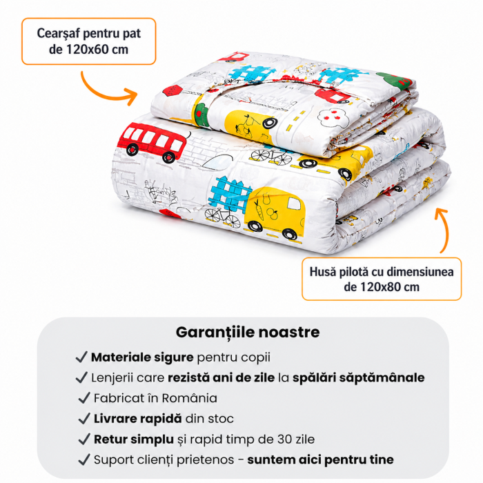 Lenjerie 2 piese pătuț bebeluși creșă, bumbac 100%, model mașinuțe, 120x60 cm [5]