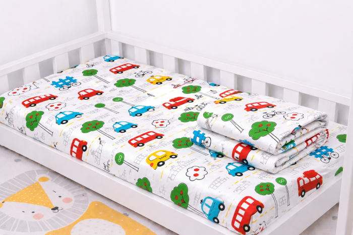 Lenjerie 2 piese pătuț bebeluși creșă, bumbac 100%, model mașinuțe, 120x60 cm [4]