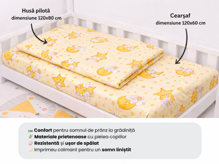 Lenjerie 2 piese pătuț creșă, model ursuleți pe fond galben, 120x60 cm [2]