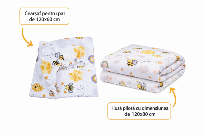 Lenjerie 2 piese pătuț bebeluși creșă, bumbac 100% model Albinuțe, 120x60 cm [2]