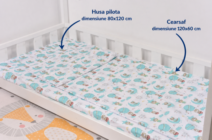 Lenjerie 2 piese pătuț creșă, model ursuleți în balon, 120x60 cm [5]