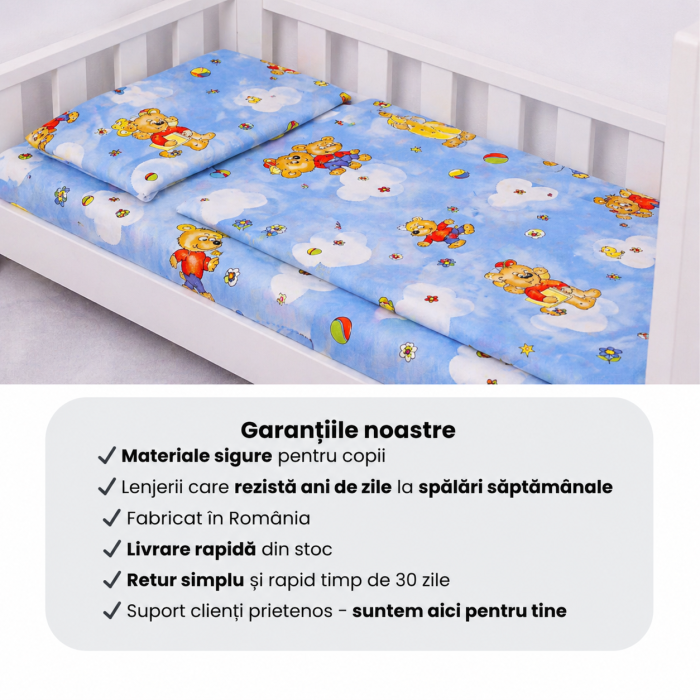 Lenjerie 2 piese pătuț creșă, model ursuleți pe fond bleu, 120x60 cm [4]