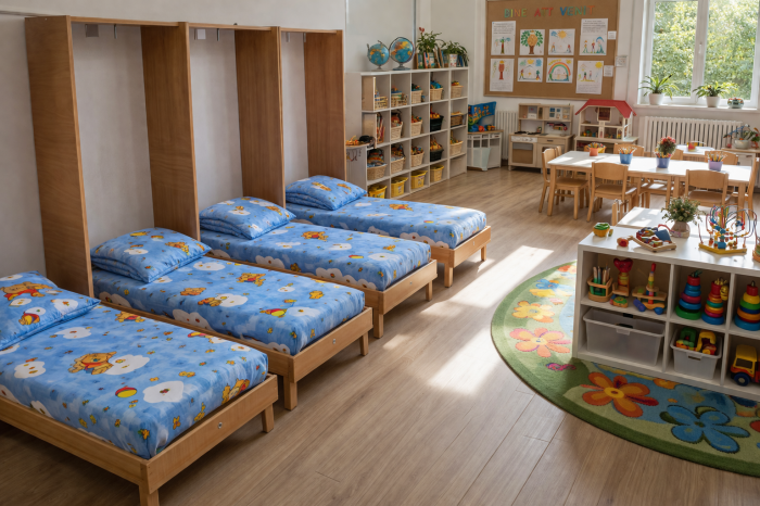 Lenjerie 2 piese pătuț incastrabil(140x60 cm) pentru grădiniță sau creșă, bumbac standard, model Ursuleți pe fond bleu [4]