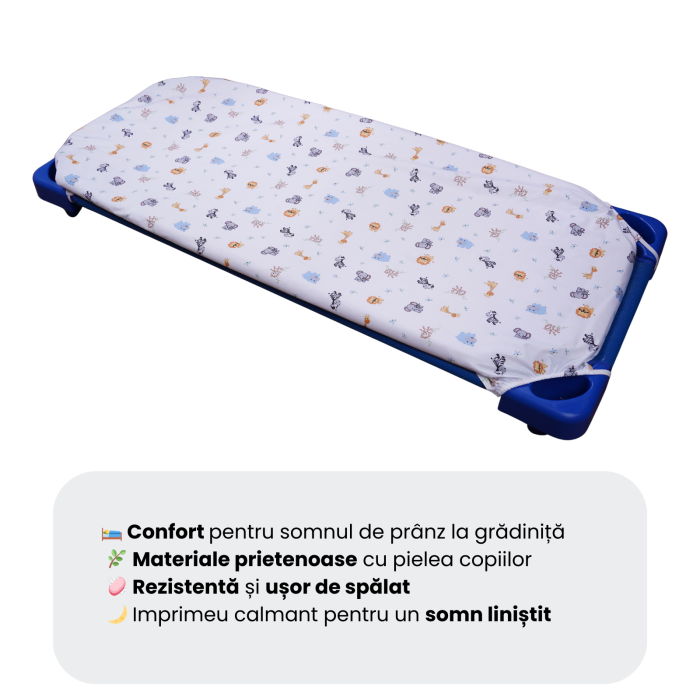 Lenjerie 2 piese pătuț stivuibil(133x58 cm) pentru grădiniță sau creșă, bumbac 100%, model Animăluțe safari [3]