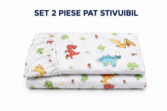 Lenjerie 2 piese pătuț stivuibil (133x58 cm) pentru grădiniță sau creșă, bumbac 100%, model Dinozauri [3]