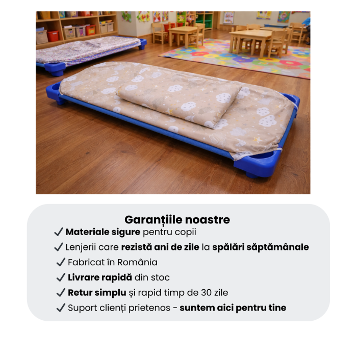 Lenjerie 2 piese pătuț stivuibil (133x58 cm) pentru grădiniță sau creșă, bumbac 100%, model Norișori maro [6]