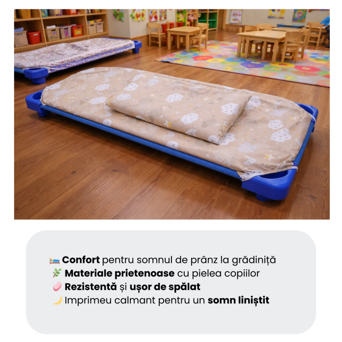 Lenjerie 2 piese pătuț stivuibil (133x58 cm) pentru grădiniță sau creșă, bumbac 100%, model Norișori maro [7]