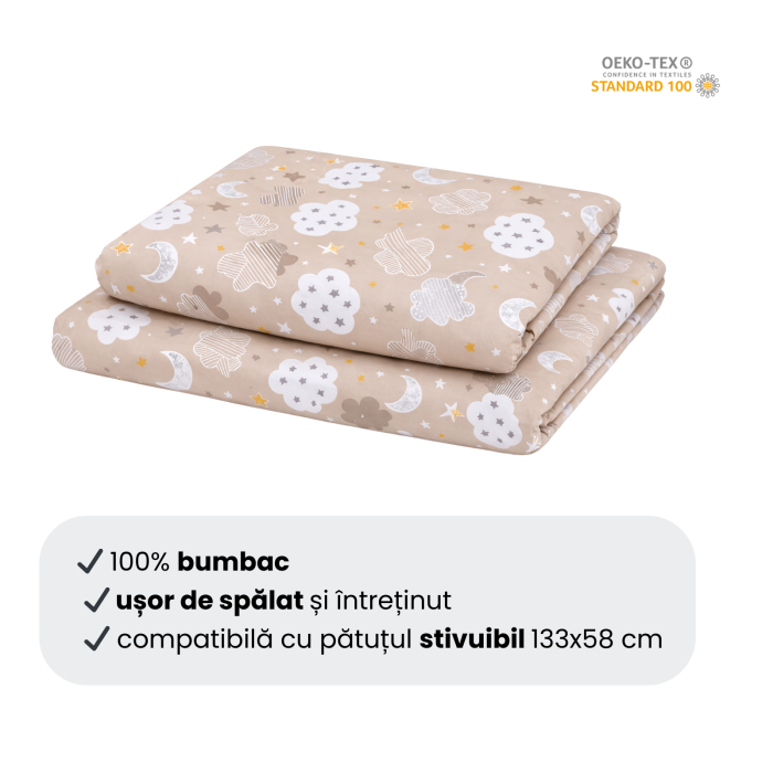 Lenjerie 2 piese pătuț stivuibil (133x58 cm) pentru grădiniță sau creșă, bumbac 100%, model Norișori maro [3]
