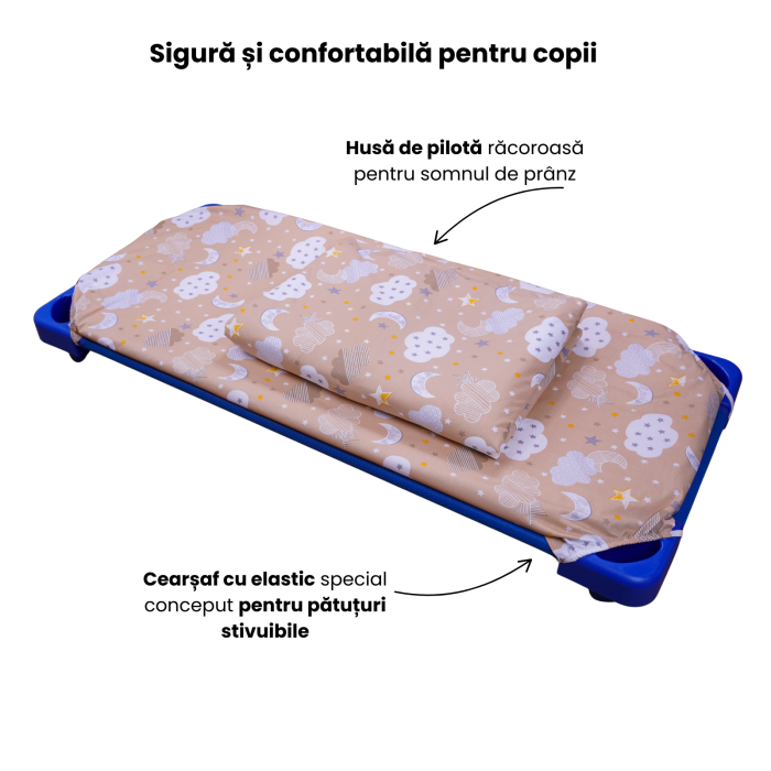 Lenjerie 2 piese pătuț stivuibil (133x58 cm) pentru grădiniță sau creșă, bumbac 100%, model Norișori maro [4]