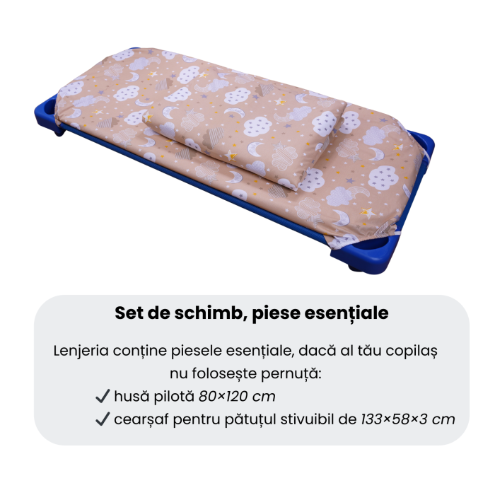 Lenjerie 2 piese pătuț stivuibil (133x58 cm) pentru grădiniță sau creșă, bumbac 100%, model Norișori maro [5]