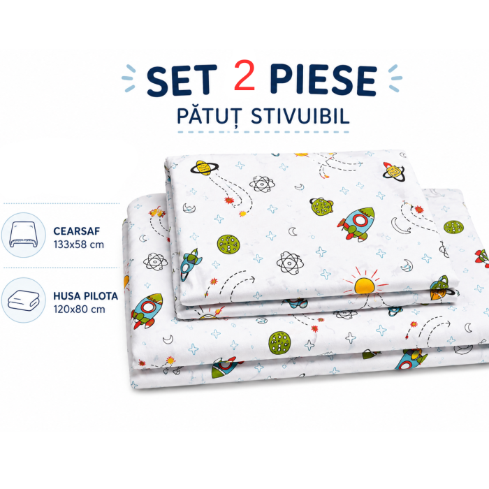Lenjerie 2 piese pătuț stivuibil (133x58 cm) pentru grădiniță sau creșă, bumbac 100%, model Rachete [3]