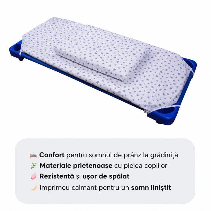 Lenjerie 2 piese pătuț stivuibil(133x58 cm) pentru grădiniță sau creșă, bumbac 100%, model Steluțe bleu [2]