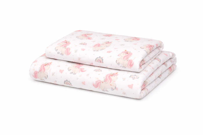 Lenjerie 2 piese pătuț stivuibil(133x58 cm) pentru grădiniță sau creșă, bumbac 100%, model Unicorni [3]