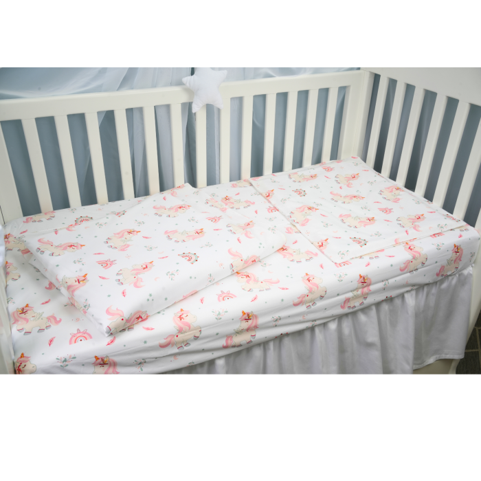 Lenjerie 3 piese bumbac 100%  model Dream Meadow/ unicorni  patut 120x60 cm [1]