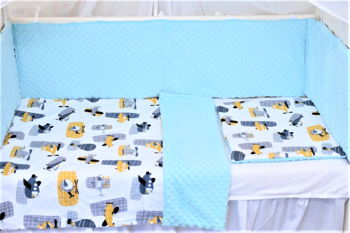 Lenjerie 3 piese patut 140x70 cm model elicoptere si plus bleu [4]