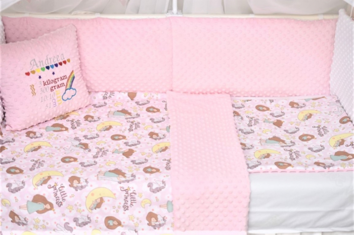 Lenjerie 3 piese patut 140x70 cm model printese si plus minky roz [3]