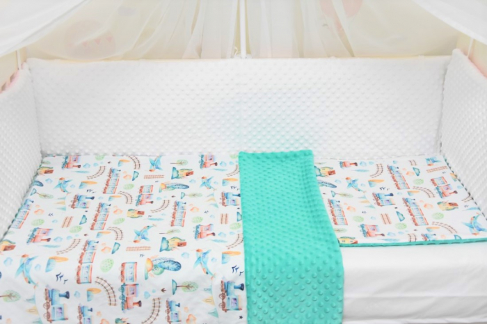 Lenjerie 3 piese patut 140x70  cm model trenulete si plus turquoise [2]