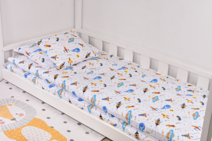 Lenjerie 3 piese pat casuta Montessori, 1 persoana 90x200 cm model Planete si comete [2]