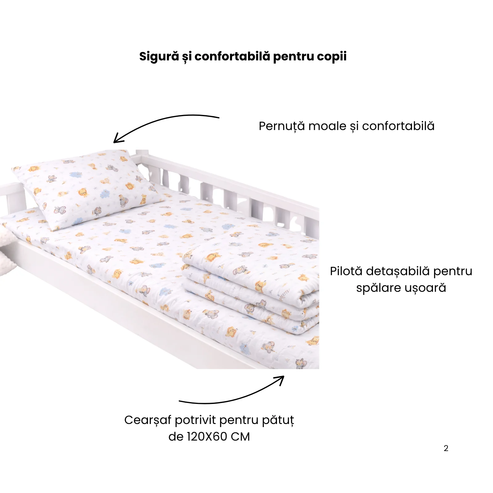 Lenjerie 3 piese pătuț creșă sau grădiniță, 120x60 cm, bumbac 100%, model Animăluțe Safari [2]