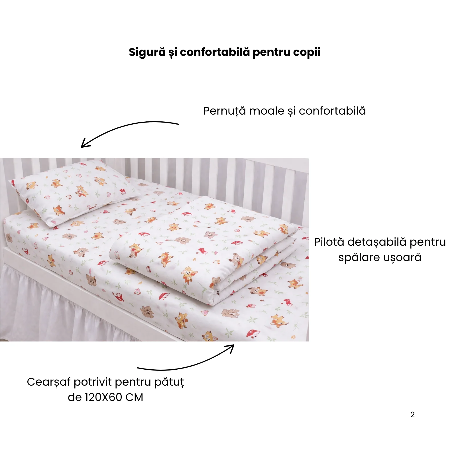 Lenjerie 3 piese pătuț creșă sau grădiniță, 120x60 cm, bumbac 100%, model Animăluțe și Ciuperci [2]