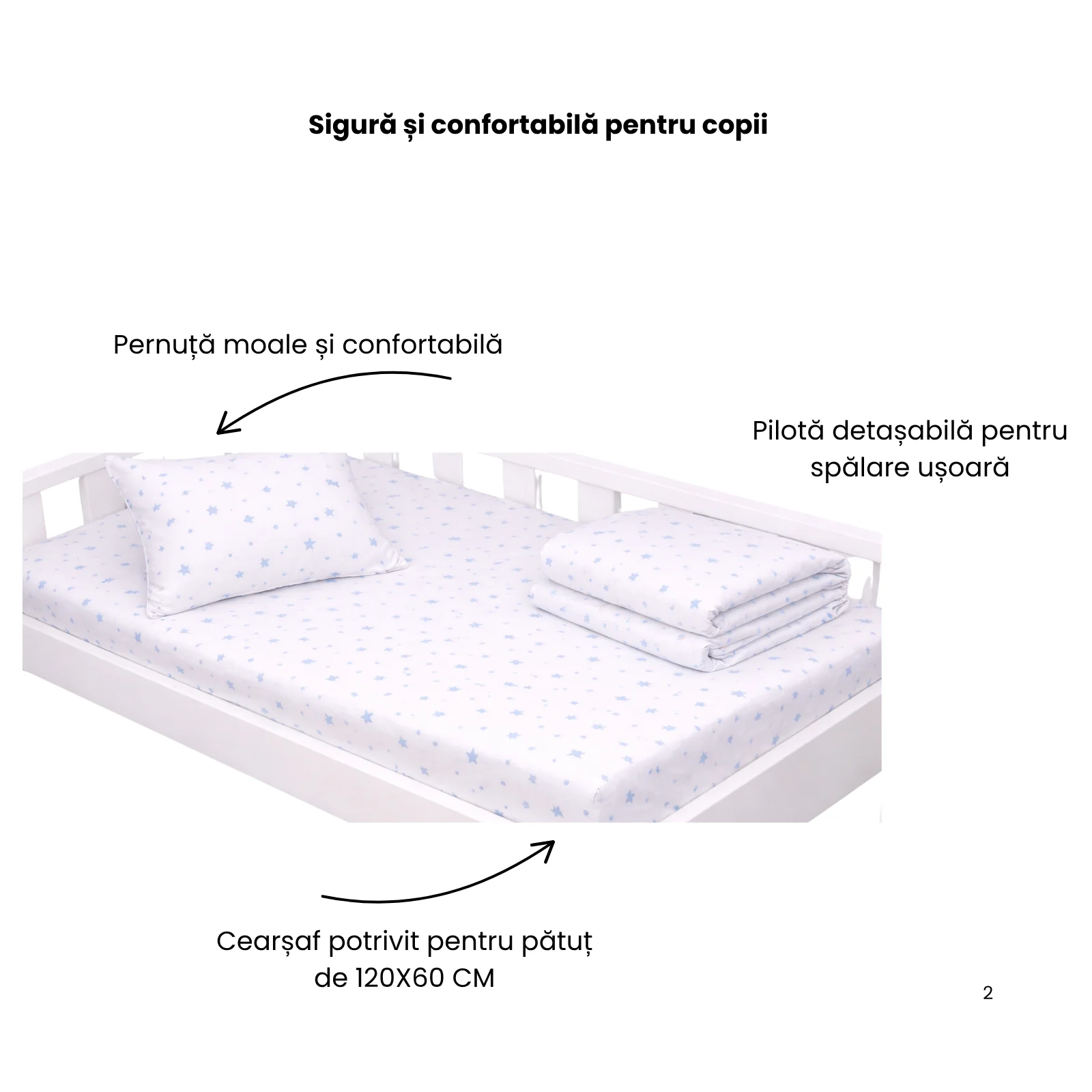Lenjerie 3 piese pătuț creșă sau grădiniță, 120x60 cm, bumbac 100%, model Steluțe bleu [2]
