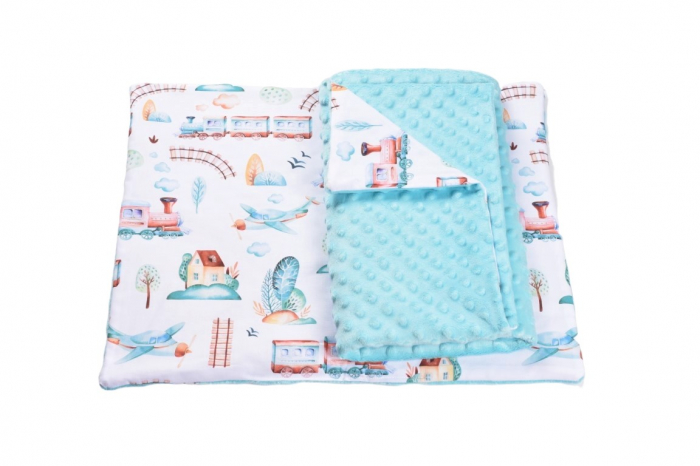 Lenjerie 3 piese patut 140x70 cm model trenulete si plus bleu [2]