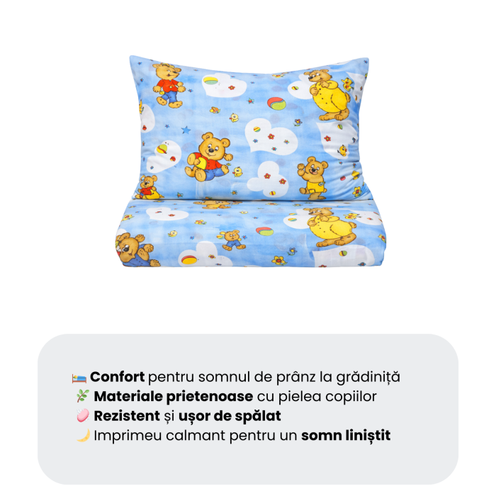 Lenjerie 3 piese pătuț stivuibil bumbac 100% standard, model ursuleți pe fond bleu [4]