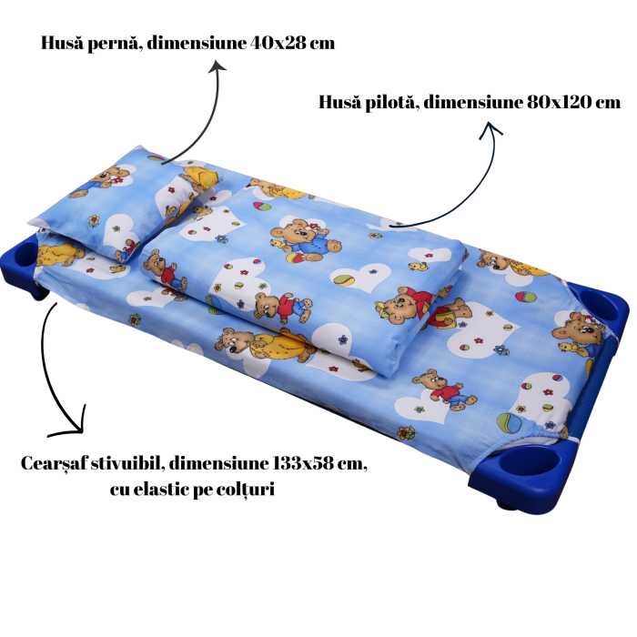 Lenjerie 3 piese pătuț stivuibil bumbac 100% standard, model ursuleți pe fond bleu [2]