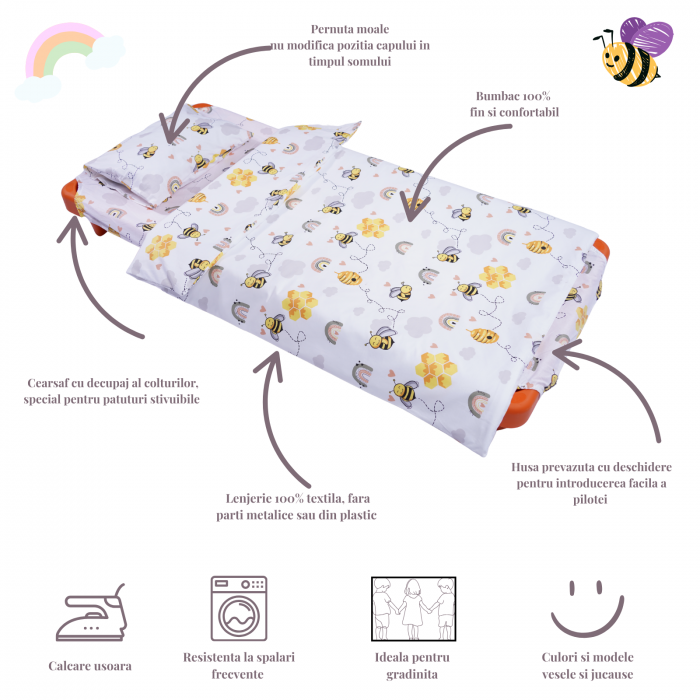 Lenjerie 5 piese patut stivuibil bumbac 100%  model albinute si floricele -editie limitata [3]