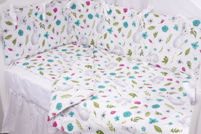 Lenjerie 5 piese patut 120x60 cm bumbac 100% model iepurasi si flori [2]