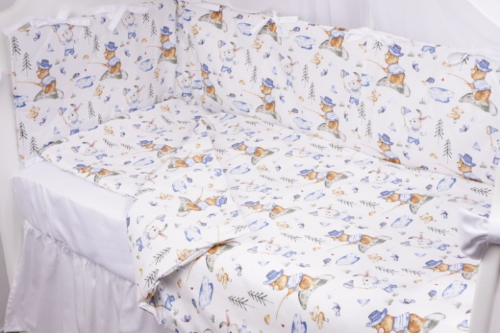 Lenjerie 5 piese patut 120x60 cm bumbac 100% model iepurasi albastru [2]