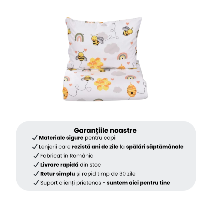 Lenjerie 5 piese pătuț creșă sau grădiniță, 120x60 cm, bumbac 100%, model Albinuțe [5]