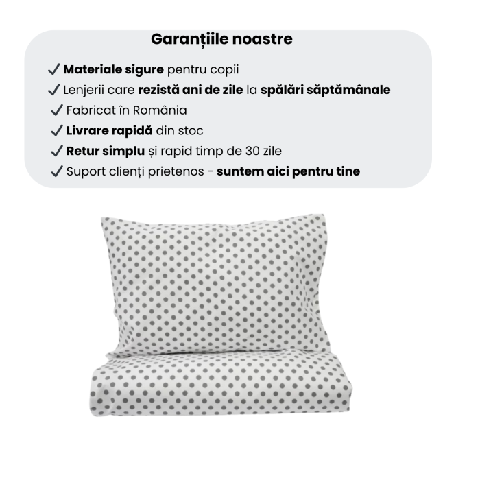Lenjerie 5 piese pătuț creșă sau grădiniță, 120x60 cm, bumbac 100%, model Bulinuțe gri [3]
