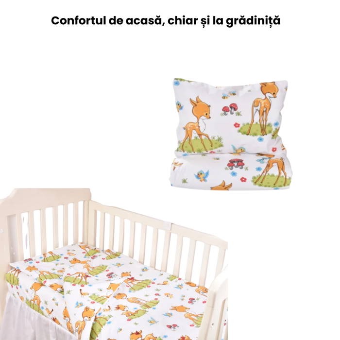 Lenjerie 5 piese pătuț creșă sau grădiniță, 120x60 cm, bumbac 100%, model Căprioare [2]