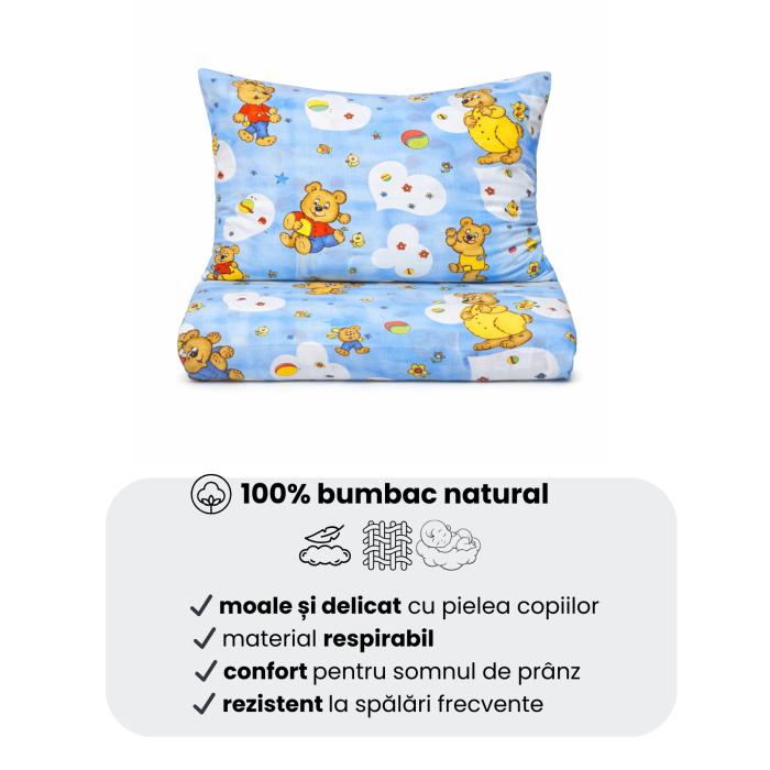 Lenjerie 5 piese pătuț creșă sau grădiniță, 120x60 cm, bumbac standard, model Ursuleti pe fond bleu [5]