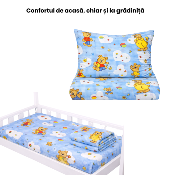 Lenjerie 5 piese pătuț creșă sau grădiniță, 120x60 cm, bumbac standard, model Ursuleti pe fond bleu [2]