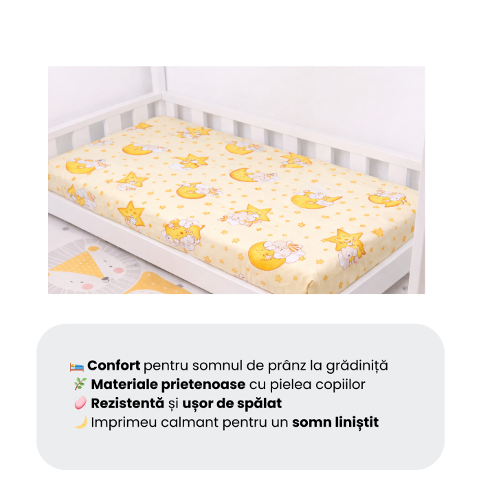 Lenjerie 5 piese pătuț creșă sau grădiniță, 120x60 cm, bumbac standard, model Ursuleti pe fond galben [5]