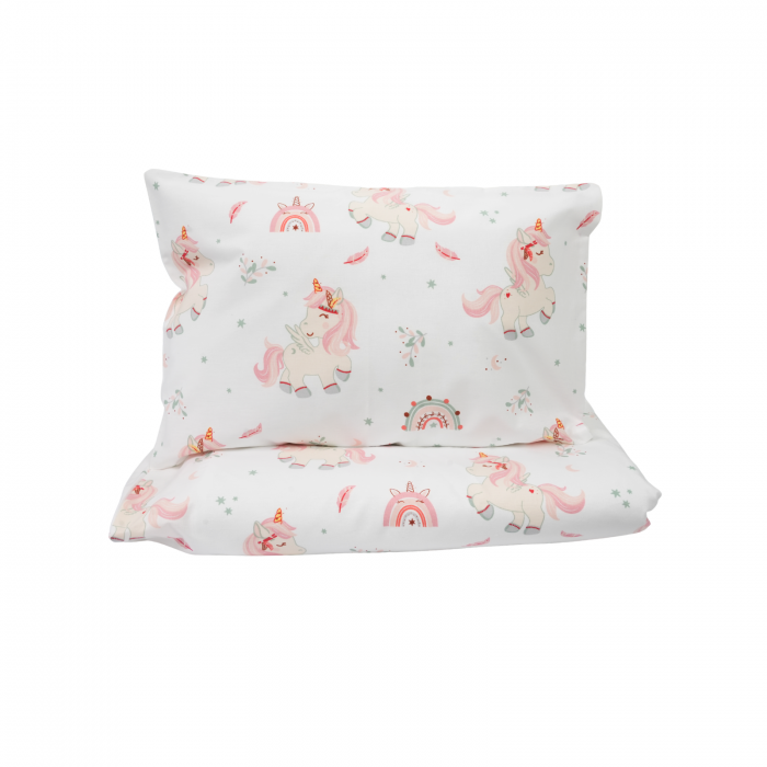 Set complet Lenjerie 5 piese patut incastrabil rabatabil bumbac 100% model unicorni roz [1]