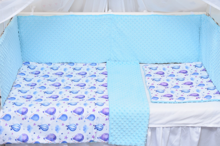 Lenjerie 3 piese patut 140x70 cm model baloane si plus minky bleu [2]