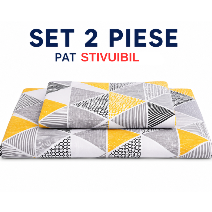 Lenjerie pat stivuibil grădiniță, 131x55x3 cm, 2 piese( cearșaf și husă pilotă), bumbac 100%, confortabilă, multicolor, model Triunghiuri [3]