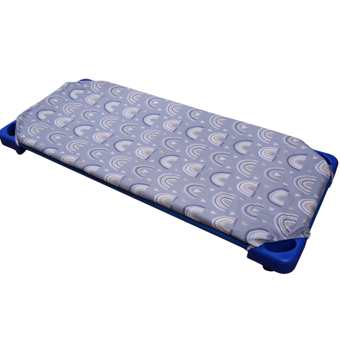 Lenjerie pat stivuibil grădiniță, 131x55x3 cm, 2 piese( cearșaf și husă pilotă), bumbac 100%, confortabilă, multicolor, model Curcubee pe fond bleu [2]