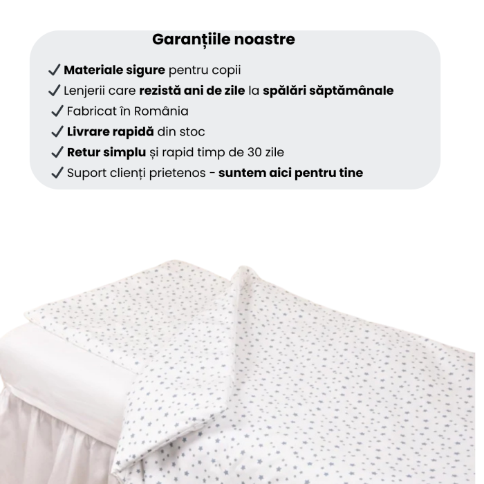 Lenjerie pat stivuibil grădiniță, 131x55x3 cm, 3 piese( cearșaf, husă pernă, husă pilotă), bumbac 100%, confortabilă, multicolor, model Steluțe bleu [4]