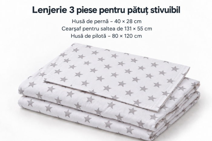 Lenjerie pat stivuibil grădiniță, 131x55x3 cm, 3 piese( cearșaf, husă pernă, husă pilotă), bumbac 100%, confortabilă, multicolor, model Steluțe Gri [2]