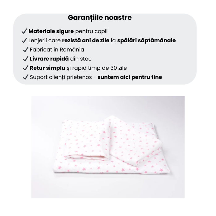 Lenjerie pat stivuibil grădiniță, 131x55x3 cm, 3 piese( cearșaf, husă pernă, husă pilotă), bumbac 100%, confortabilă, multicolor, model Steluțe roz [5]