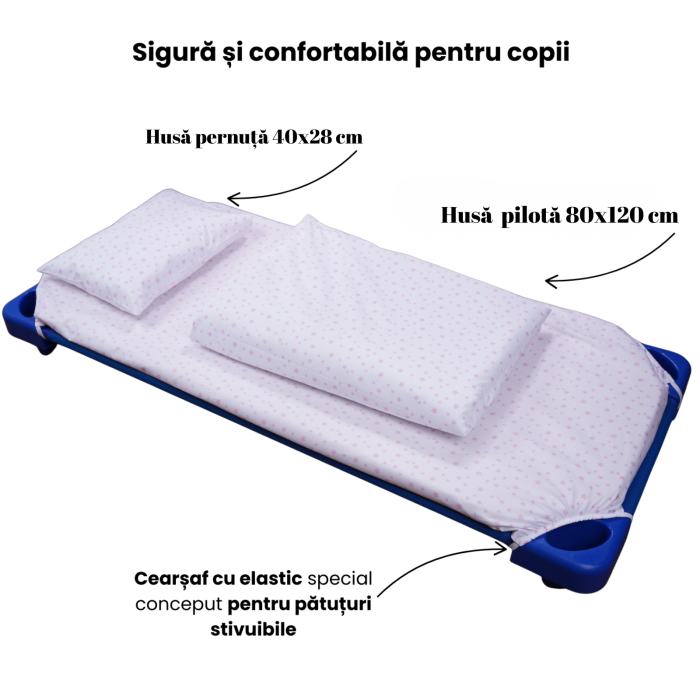 Lenjerie pat stivuibil grădiniță, 131x55x3 cm, 3 piese( cearșaf, husă pernă, husă pilotă), bumbac 100%, confortabilă, multicolor, model Steluțe roz [2]