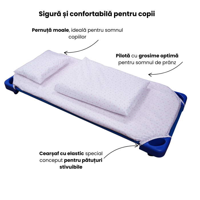 Lenjerie pat stivuibil grădiniță, 131x55x3 cm, 5 piese,set complet, bumbac 100%, confortabilă, multicolor, model Steluțe Roz [2]